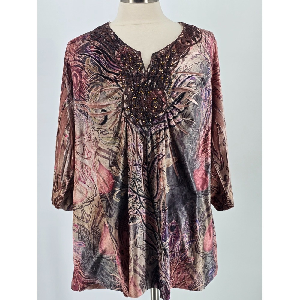 Live and Let Live Tunic Womens 3X Burgundy Velour Bling Neckline Peacock Print
